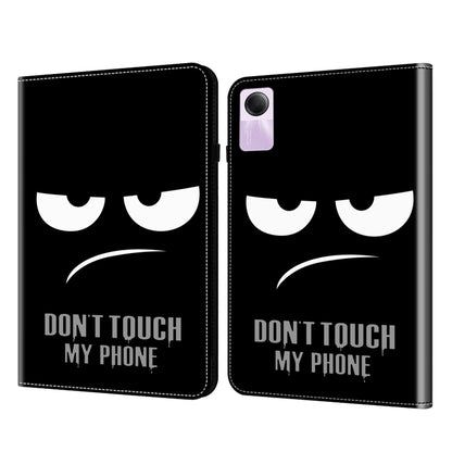 Black folio tablet case with cat-eye graphic and warning text