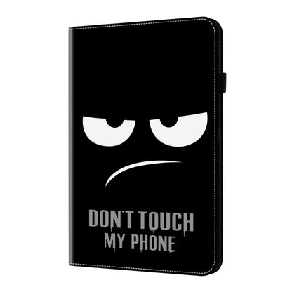 Black folio tablet case with cat-eye graphic and warning text