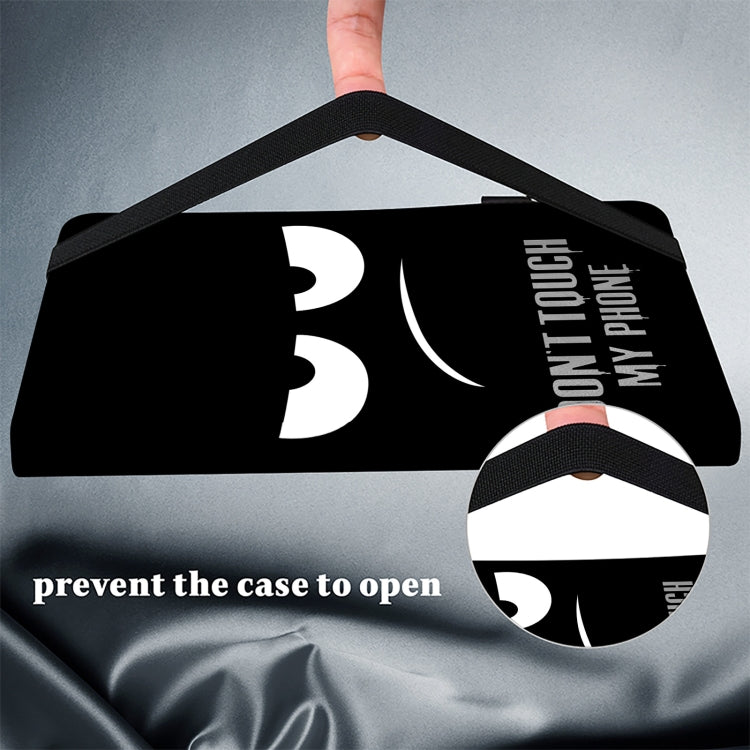 Black folio tablet case with cat-eye graphic and elastic closure strap