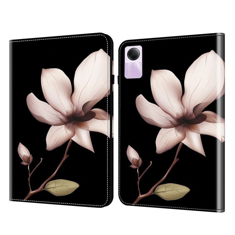 Black folio tablet case with pink floral lotus print and branch design
