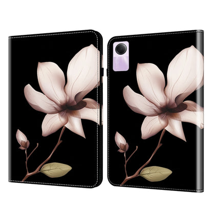Black folio tablet case with pink floral lotus print and branch design