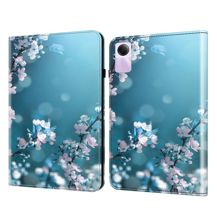 Crystal texture painted leather tablet case with blue cherry blossoms and soft pink petals