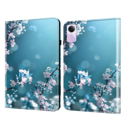 Crystal texture painted leather tablet case with blue cherry blossoms and soft pink petals