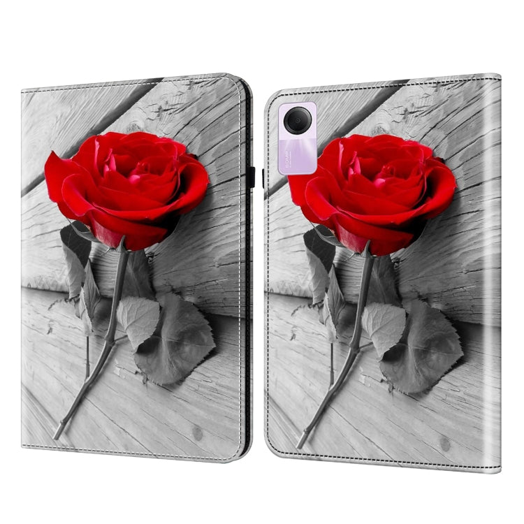Crystal texture painted leather tablet case with red rose on light gray wood grain, camera cutout