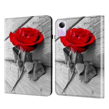 Crystal texture painted leather tablet case with red rose on light gray wood grain, camera cutout