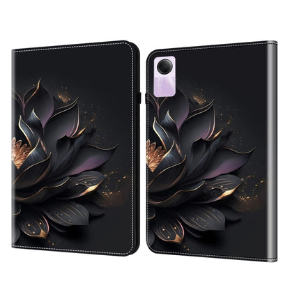 Crystal texture painted leather tablet case with dark bouquet illustration and gold glitter details