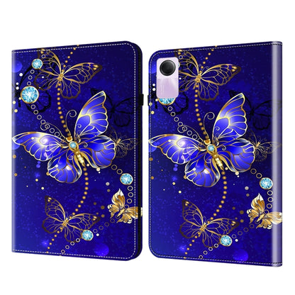 Crystal texture painted leather tablet case with blue butterflies, gold details, and camera cutout