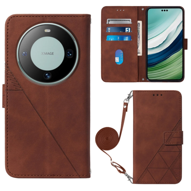 Brown crossbody flip leather phone case with embossed geometric pattern and wrist strap
