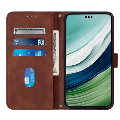 Brown flip leather phone case with card slots and front cover folded open