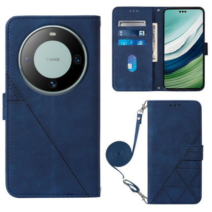 Blue crossbody flip leather phone case with embossed geometric pattern and shoulder strap