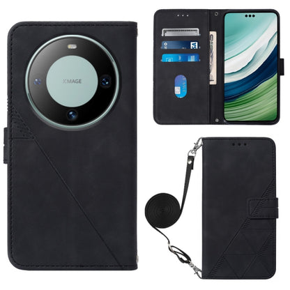 Black crossbody flip leather phone case with embossed geometric pattern and strap