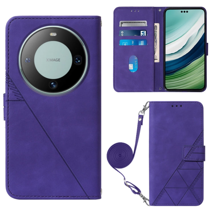Purple crossbody flip leather phone case with embossed geometric pattern and shoulder strap
