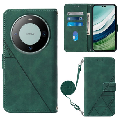 Dark green flip leather crossbody phone case with embossed pattern and wrist strap