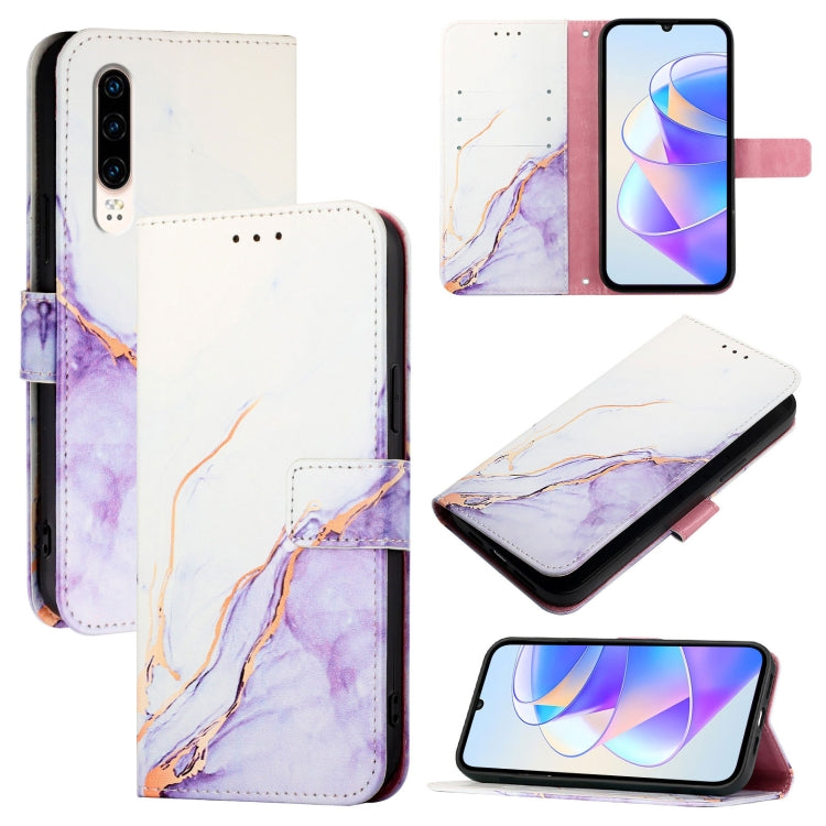 Marble-pattern flip leather phone case, white and purple with card slots