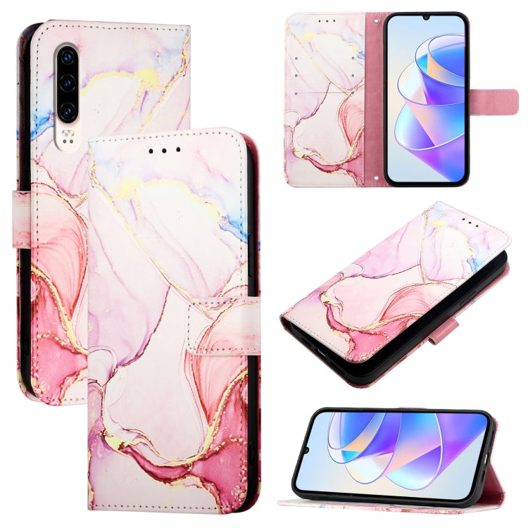 Marble-pattern flip leather phone case, white with pink and purple accents