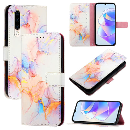Marble-pattern flip leather phone case, white with pastel rainbow tones