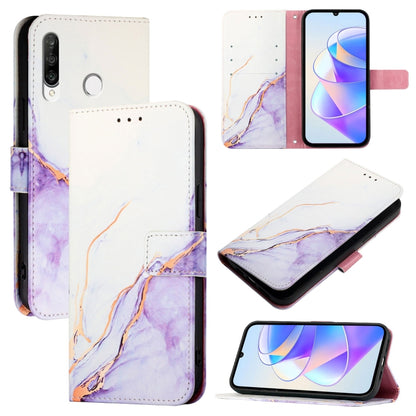 Flip leather phone case with white and purple marble pattern, card slots, screen and stand views