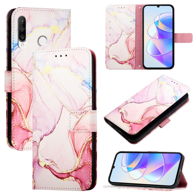 Flip leather phone case with white and pink marble pattern, card slots, screen and stand views