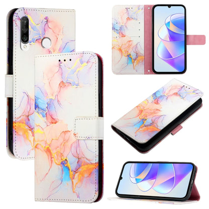 Flip leather phone case with white and multicolor marble pattern, card slots, screen view