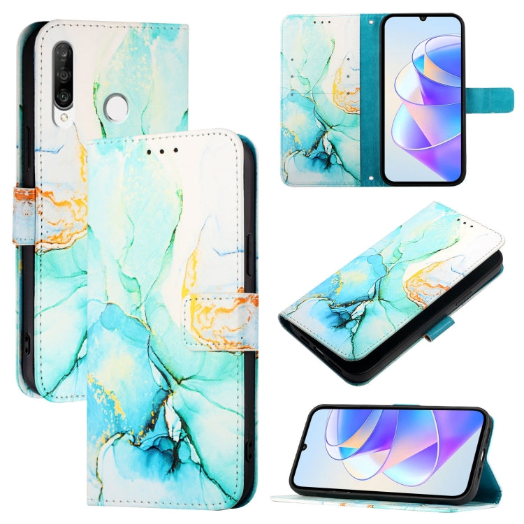 Flip leather phone case with teal and gold marble pattern, card slots, screen and stand views