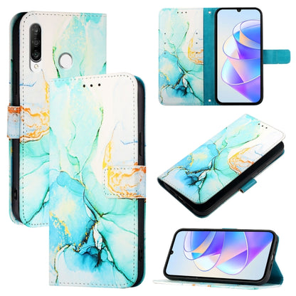 Flip leather phone case with teal and gold marble pattern, card slots, screen and stand views