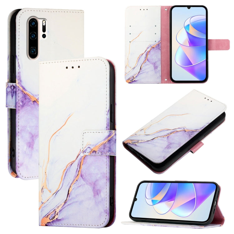 Marble-pattern flip leather phone case, white and purple with card slots
