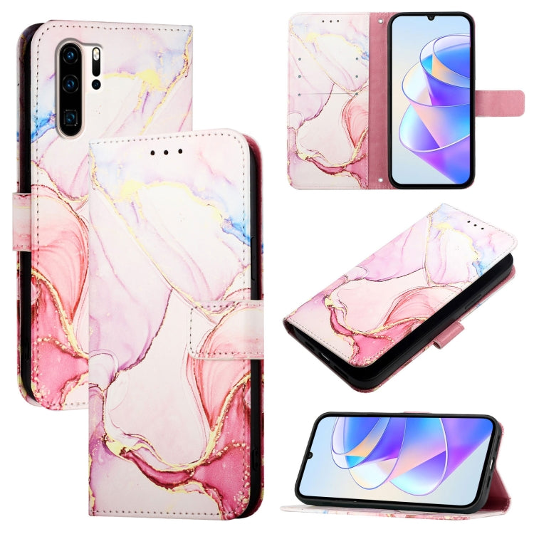 Marble-pattern flip leather phone case, white with pink and purple accents