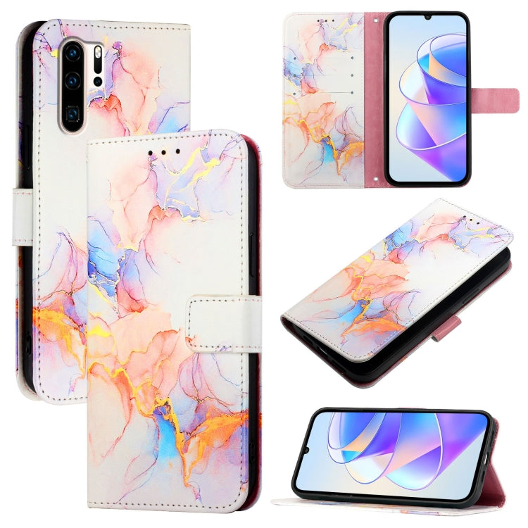 Marble-pattern flip leather phone case, white with pastel rainbow tones