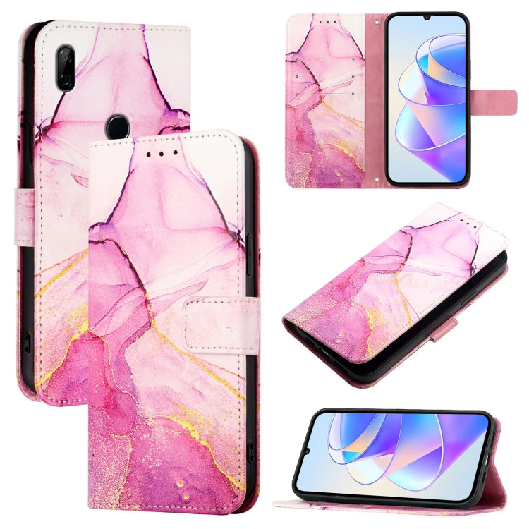 Flip leather phone case with pink marble pattern and card slots, with stand and screen view