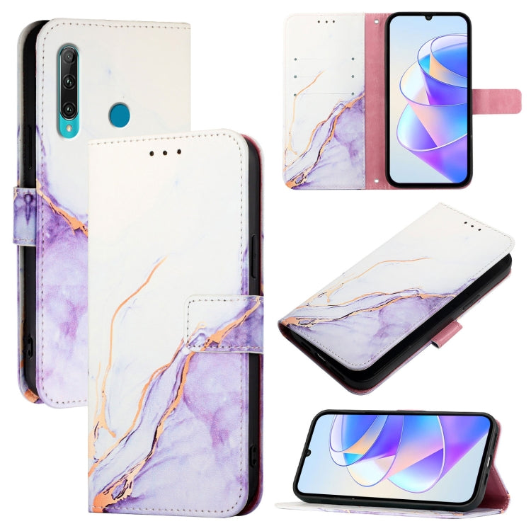Flip leather phone case with white and purple marble pattern, card slots, screen and stand views