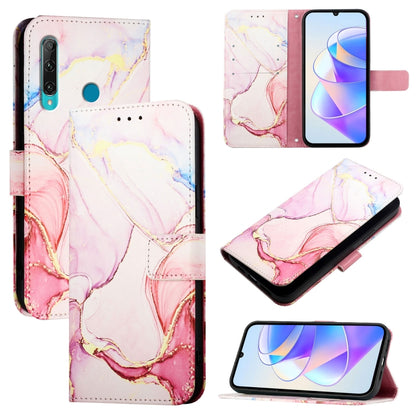 Flip leather phone case with white, pink, and gold marble pattern, card slots, screen view