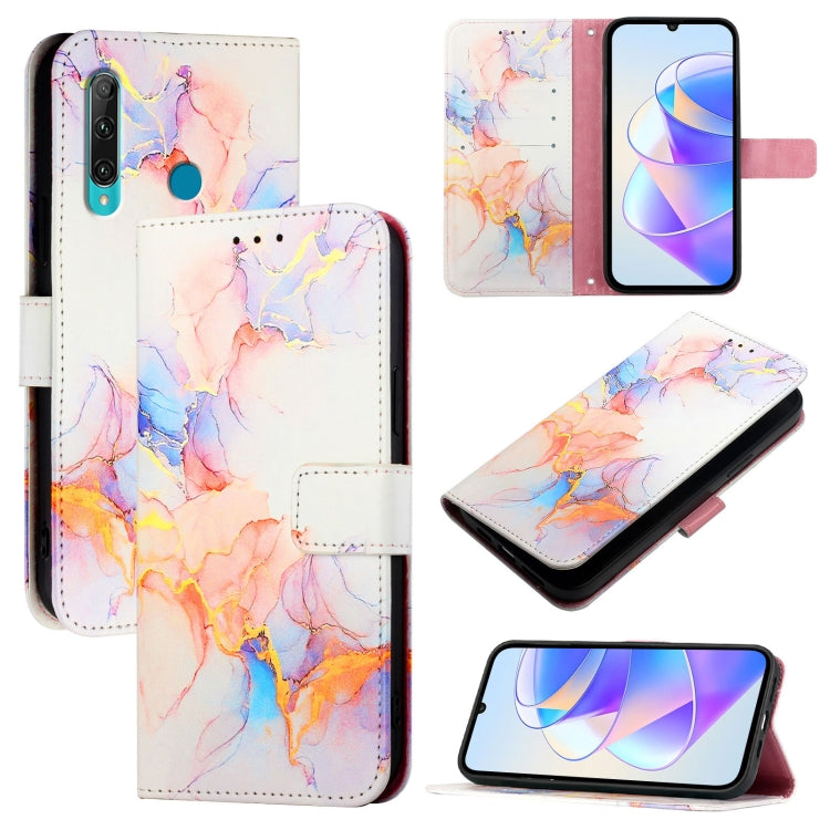 Flip leather phone case with white and multicolor marble pattern, card slots, screen and stand views