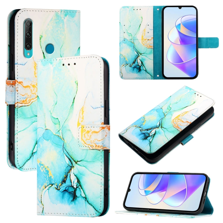 Flip leather phone case with teal and gold marble pattern, card slots, screen and stand views