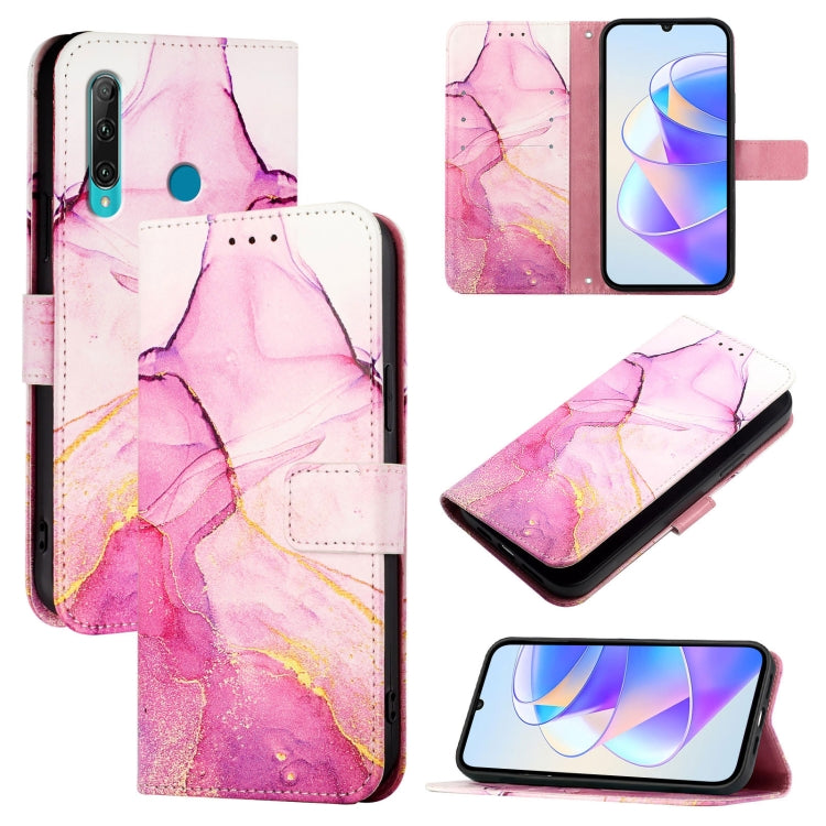Flip leather phone case with pink and purple marble pattern, card slots, phone screen view