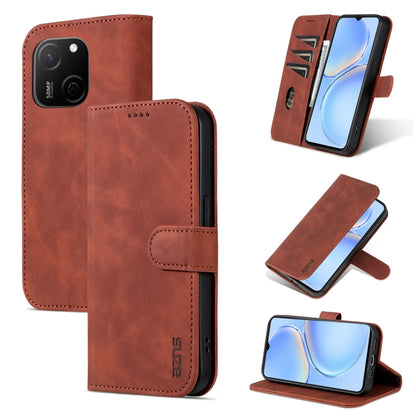 Brown flip leather phone case with textured finish, magnetic flap, and stand support