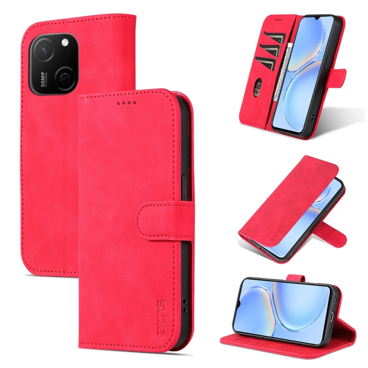 Red flip leather phone case with textured finish, magnetic flap, and stand support