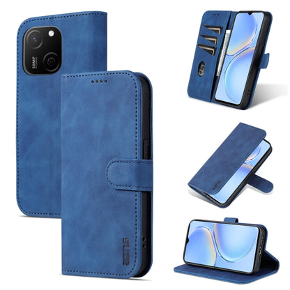 Blue flip leather phone case with textured finish, magnetic flap, and stand support