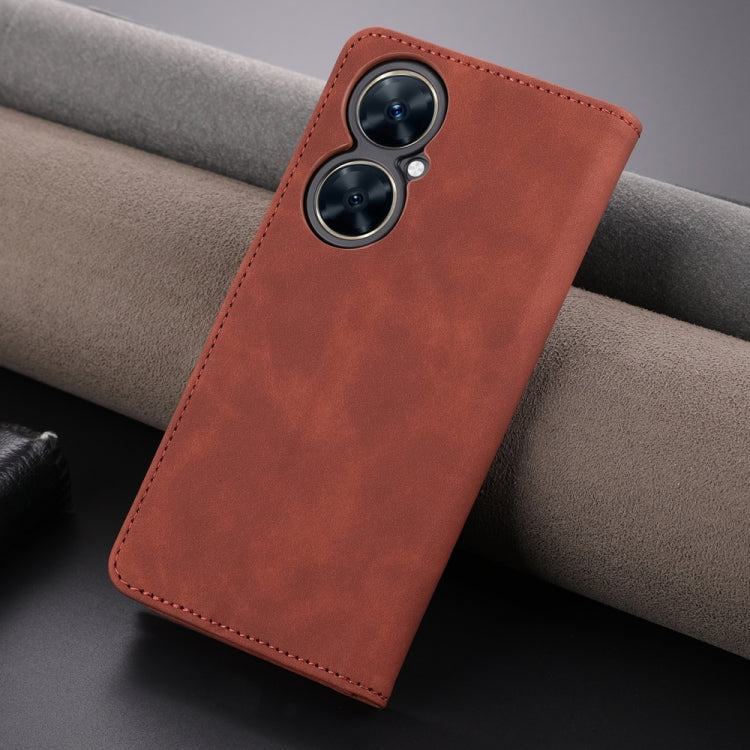 Brown flip leather phone case showing dual camera opening on back