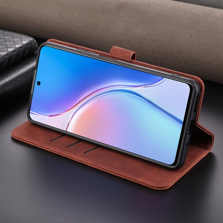Brown flip leather phone case folded into a viewing stand for the phone
