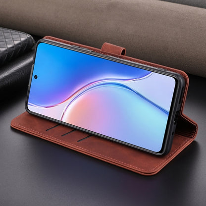 Brown flip leather phone case folded into a viewing stand for the phone
