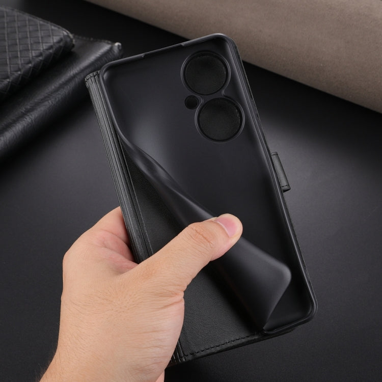 Black flip leather phone case with dual camera cutout and hand grip