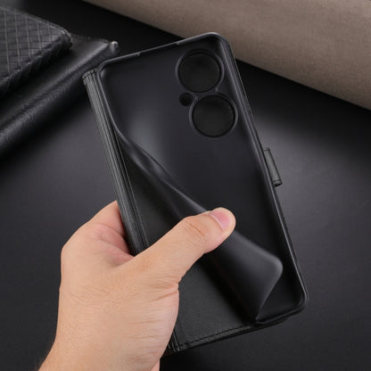Black flip leather phone case with dual camera cutout and hand grip