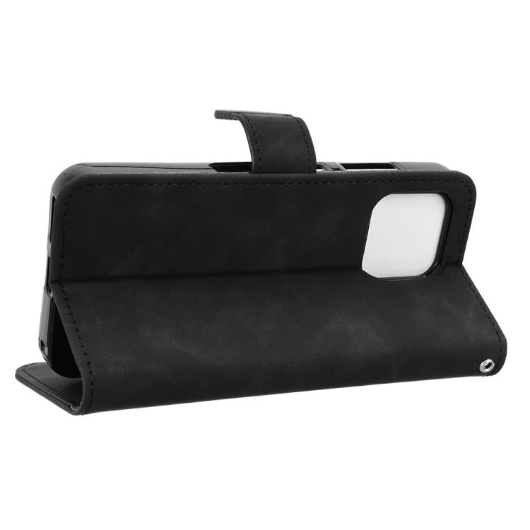 Black leather magnetic flip phone case with viewing stand and cutout for camera