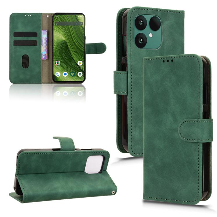Green magnetic flip leather phone case with front buckle strap and card pocket