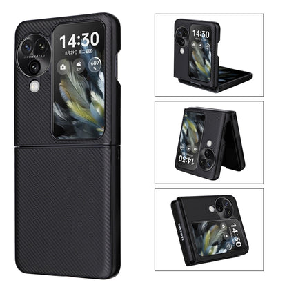 Black PU leather flip phone case with camera cutouts and visible kickstand.
