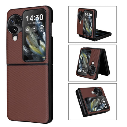 Brown PU leather flip phone case with camera cutouts and visible kickstand.