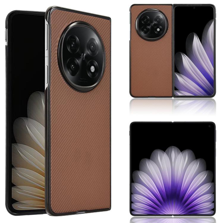 Brown PU leather phone case with textured finish and large oval camera cutout.