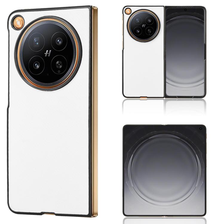 White PU leather phone case with circular camera cutout and slim black edge trim