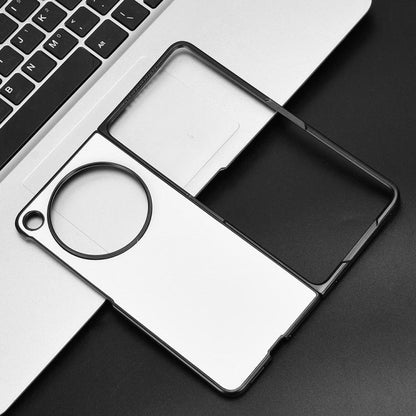 White and black PU leather phone case with camera ring cutout and side buttons