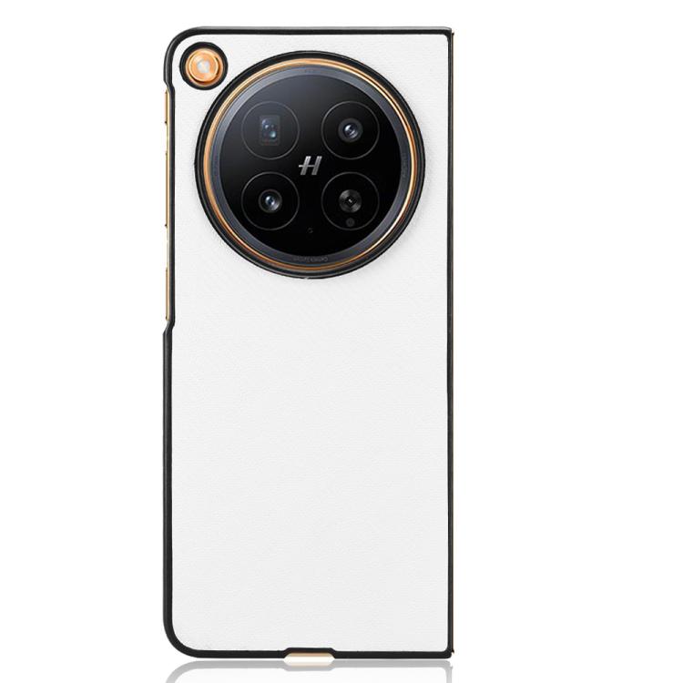White PU leather phone case with circular camera cutout and thin gold-toned side trim